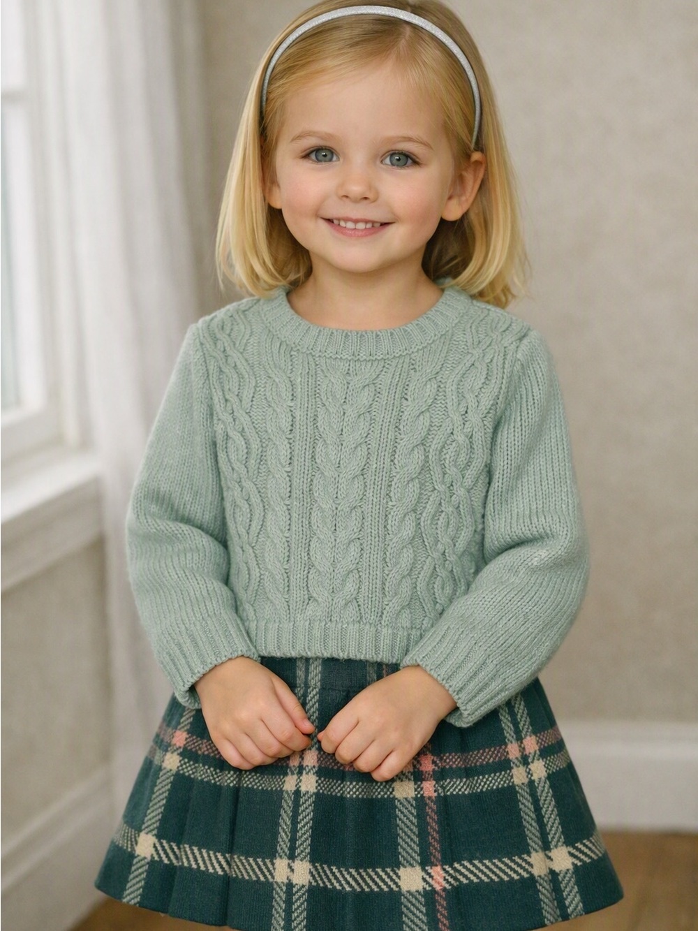 cupcakes & cashmere Sage Green Cable-Knit Sweater and Plaid Skirt Set